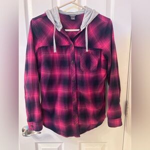 Eddie Bauer Pink and Black Plaid Flannel with Gray Hood